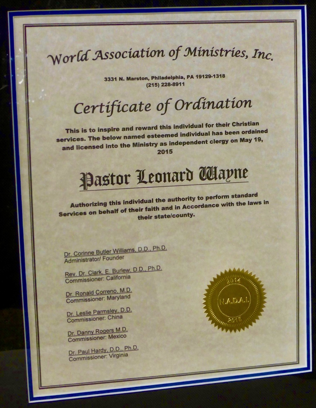 Leonard Wayne certificate 1